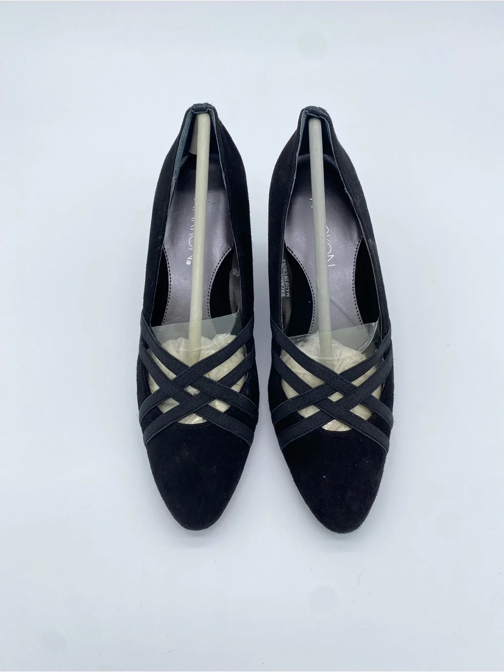 Elegant Vintage Black Suede Crisscross Wedge Pumps‎ Deadstock